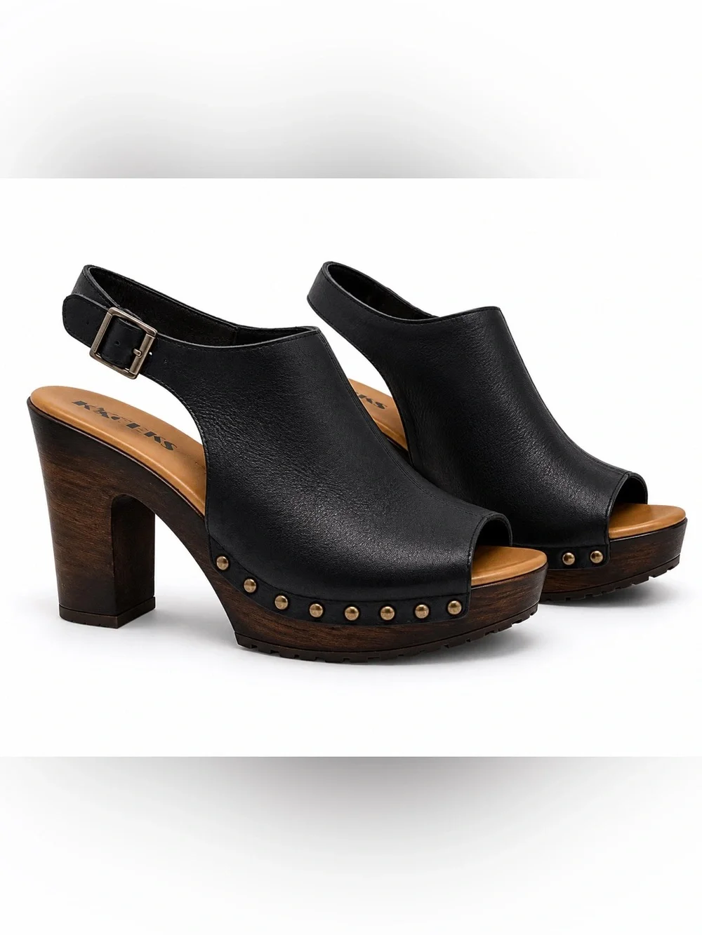KORKS Women's Black Leather Sling-back Open Toe Nail-head Studded Platform Heels